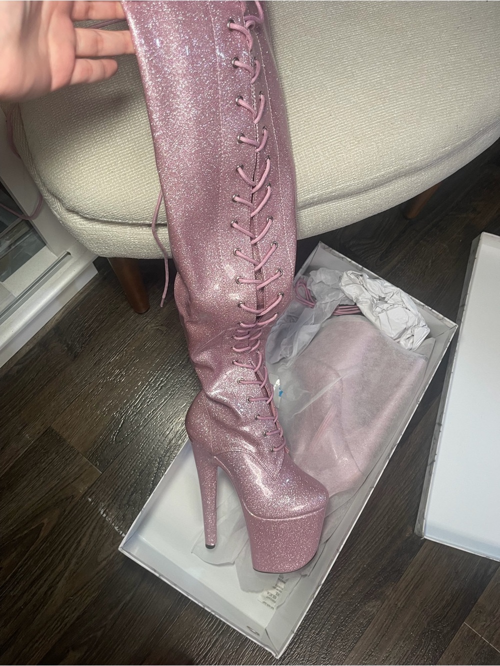 NEW Hella Heels Pink Glitter Thigh High Platform Boots Size 36 (US 6)